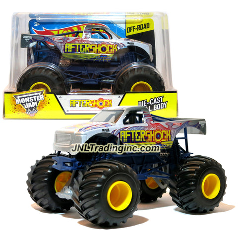 Hot Wheels Year 2015 Monster Jam 1:24 Scale Die Cast Official Monster Truck Series - Grey AFTERSHOCK (CGD86) with Monster Tires, Working Suspension and 4 Wheel Steering (Dimension - 7" L x 5-1/2" W x 4-1/2" H)