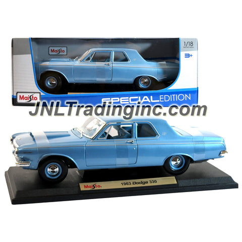 Maisto Special Edition Series 1:18 Scale Die Cast Car - Metallic Blue 2 Door Sedan 1963 DODGE 330 with Display Base (Car Dimension: 12" x 4" x 3")