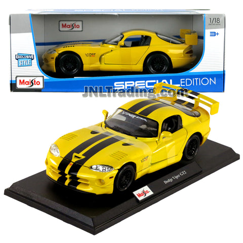 Maisto Special Edition Series 1:18 Scale Die Cast Car - Yellow with Black Stripes Sports Car DODGE VIPER GT2 w/ Spoiler & Display Base (Dimension: 9-1/2" x 4" x 2-1/2")