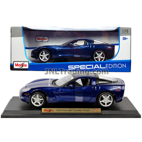 Maisto Special Edition Series 1:18 Scale Die Cast Car Set - Dark Blue Color 2005 CHEVROLET CORVETTE COUPE with Display Base
