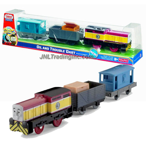 Fisher Price Year 2011 Thomas and Friends DVD Series As Seen On "Day of the Diesels" Trackmaster Motorized Railway Battery Powered Tank Engine 3 Pack Train Set - OIL and TROUBLE DART (V9038) with Wagon Car Loaded with "Hose" Crate and Brake Van