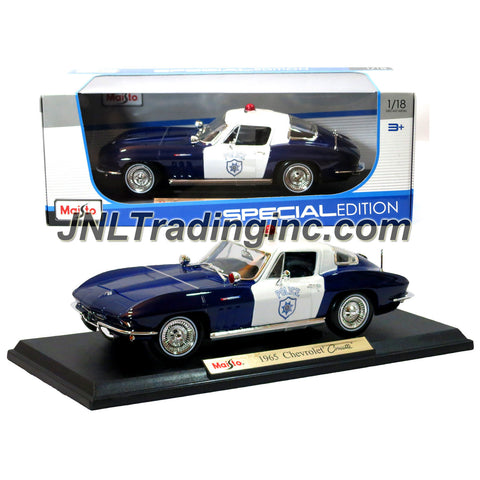 Maisto Special Edition Series 1:18 Scale Die Cast Car - Blue & White Classic Police Cruiser 1965 CHEVROLET CORVETTE with Base (Dim:9"x3-1/2"x 2-1/2")