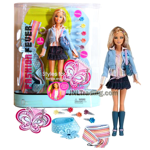 Year 2005 Barbie Styles for 2 Fashion Fever Series 12 Inch Doll - BARBIE H8575 in Blue Tops with Denim Skirts. Purse and Belt Plus 5 Barrettes, Notebook and Belt for You
