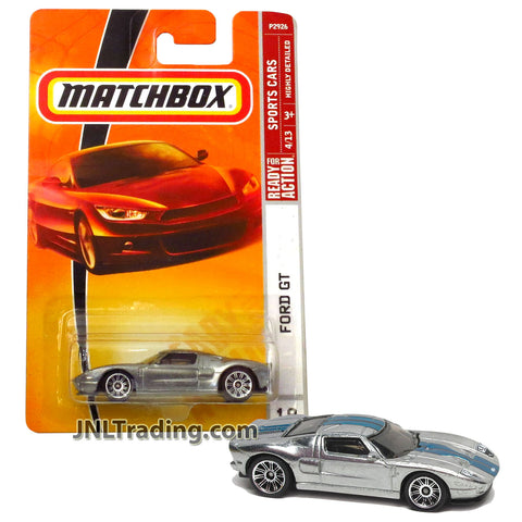 Year 2008 Matchbox Sports Cars Series 1:64 Scale Die Cast Metal Car #18 - Silver Mid-Engine Sport Coupe Roadster FORD GT with Blue Stripe