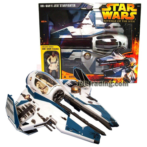 Star Wars Year 2005 Revenge of the Sith Series 12 Inch Long Vehicle Set : OBI-WAN'S JEDI STARFIGHTER (Blue) with Opening Canopy, Blaster Cannon, Retractable Landing Gear and Obi-Wan Kenobi Figure