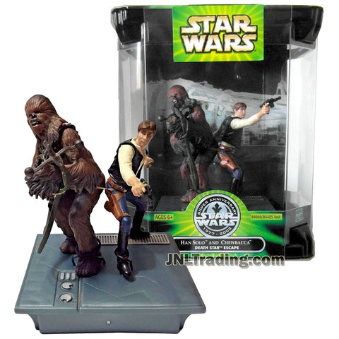Star Wars Year 2002 Silver Anniversary Series 2 Pack 4 Inch Tall Figure Set - Death Star Escape HAN SOLO with Blaster and CHEWBACCA with Bowcaster Plus Display Base