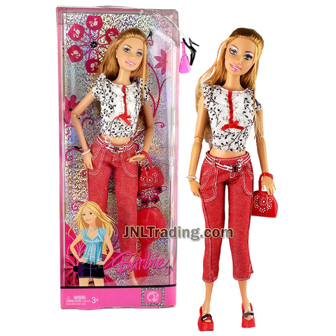 Year 2007 Barbie Fashion Fever Series 12 Inch Doll Set - SUMMER L9535 in White Ruffle Tops with Pink Denim Pants, Bracelet, Purse and Hairbrush