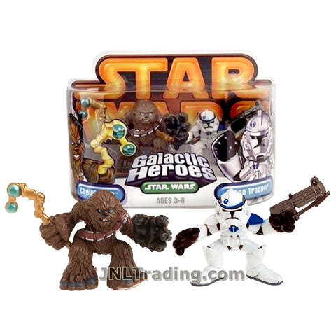 Star Wars Year 2005 Galactic Heroes Series 2 Pack 2 Inch Tall Mini Figure - CHEWBACCA with Slingshot and CLONE TROOPER with Blaster