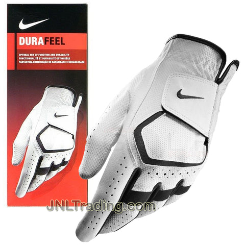 Nike Dura Feel Men's Synthetic Leather Golf Glove - Style: GG0421, Color: White with Black Trim, Reg - Left, Size: M