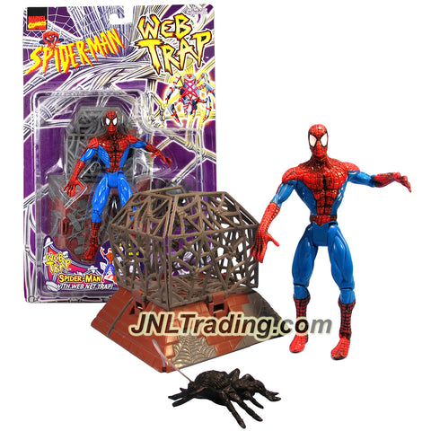 ToyBiz Year 1997 Marvel Comics Spider-Man Web Trap Series 5-1/2 Inch Tall Action Figure : SPIDER-MAN with Action Web Net Trap and Spider