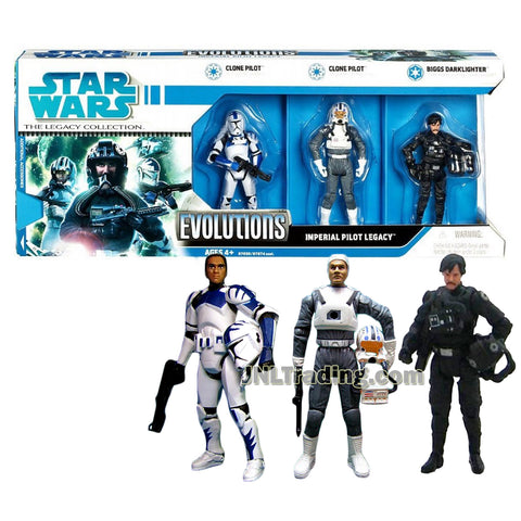 Star Wars Year 2008 The Legacy Collection Evolutions Series 3 Pack 4 Inch Tall Figure - IMPERIAL PILOT LEGACY with 2 CLONE PILOT (The Clone Wars and Revenge of the Sith) and BIGGS DARKLIGHTER