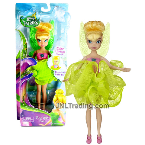 Year 2014 Disney Fairies 10 Inch Doll Set - PIXIE BATH TINK TINKERBELL with Flower that Change Color and Removable Green Bath Puff