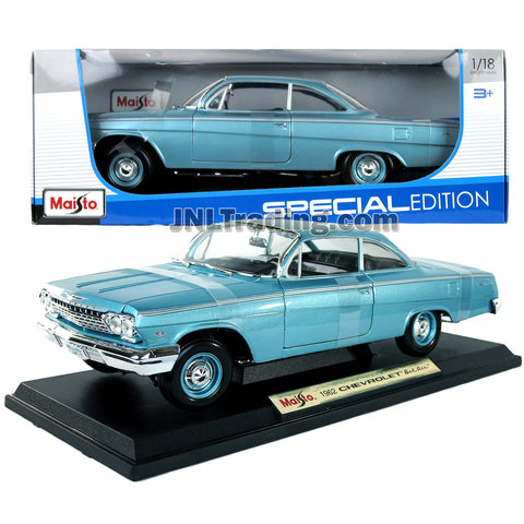 Maisto Special Edition Series 1:18 Scale Die Cast Car - Light Blue Full Size 2 Door Hardtop Classic 1962 CHEVROLET BEL AIR w/ Display Base (Dimension: 12" x 4" x 3-1/2")