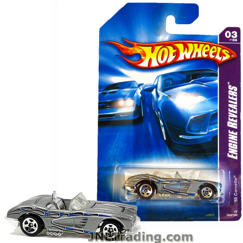 Hot Wheels Year 2006 Engine Revealers Series 1:64 Scale Die Cast Car Set #59 - Silver Convertible Coupe '58 CORVETTE (2/4) L3015 with Blue Flame Deco