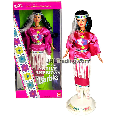 Year 1994 Barbie Special Edition Dolls of the World 12 Inch Doll - Third Edition NATIVE AMERICAN in Pink Tunic with Moccasins, Hairbrush & Doll Stand