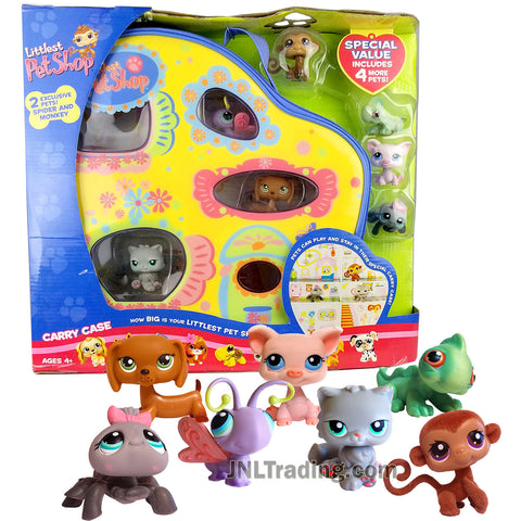 Year 2007 Littlest Pet Shop LPS Carry Case Series with Iguana #29, Persian Cat #82, Pig #87, Butterfly #93, Dacshund #139, Spider #411 and Monkey #412