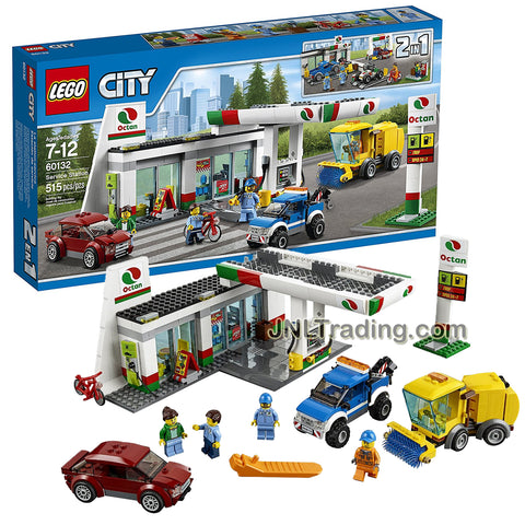 Lego Year 2016 City Series Set #60132 - SERVICE STATION with Car, Tow Truck, Bike, Buggy, Street Sweeper Plus Station Attendant, Mechanic, Truck driver and Female Customer Minifigure (Pieces: 515)
