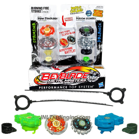 Hasbro Year 2011 Beyblade Metal Fusion High Performance Battle Tops "Burning Fire Strike" 2 Pack Set - Stamina 135MS BB59A BURN FIREBLAZE with Face Bolt, Fireblaze Energy Ring, Burn Fusion Wheel, Mid Profile 135 Spin Track, MS Performance Tip and Balance M145Q B110 POISON SCORPIO with Face Bolt, Scorpio Energy Ring, Poison Fusion Wheel, Move M145 Spin Track, Q Performance Tip Plus 2 Ripcord Launchers and 2 Online Codes