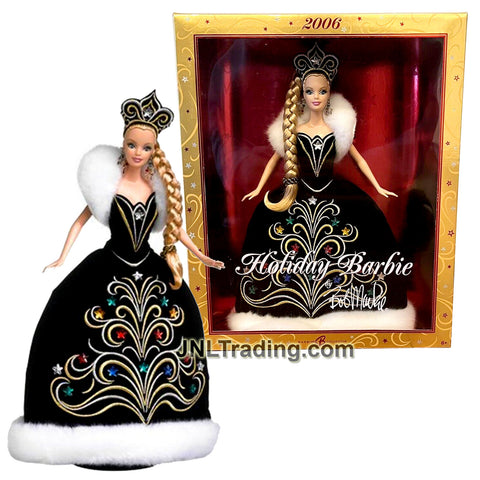 Year 2006 Collector Edition 12 Inch Doll - Caucasian BARBIE HOLIDAY 2006 by Bob MacKie in Black Gown with White Faux Fur with Tiara and Earrings