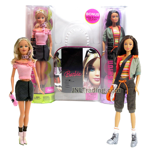 Year 2006 Barbie Fashion Fever Series Bonus Pack 12 Inch Doll Set - BARBIE H0660 in Pink Sweater and KAYLA H0663 in Green Jacket Plus Display Stands and Purse with Music Single CD