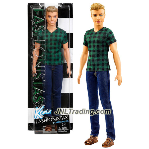 Year 2016 Barbie Fashionistas 12 Inch Doll #4 - Caucasian Model KEN DWK45 in Checked Style Green T-Shirt and Blue Denim Pants