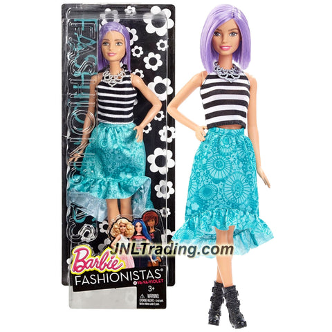 Mattel Year 2015 Barbie Fashionistas 12 Inch Doll - Caucasian VA-VA-VIOLET with Bob Hair (DGY59) Doll in Black White Top and Teal Skirt with Necklace