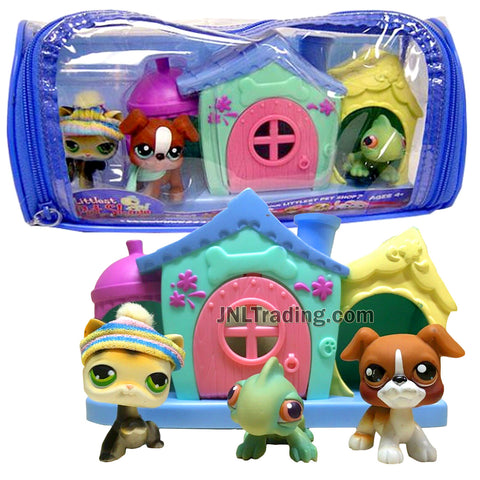 Year 2005 Littlest Pet Shop LPS Winter Vinyl Duffle Bag Series Bobble Head Figure Set with Siamese Cat, Boxer Puppy Dog and Iguana with Pet House