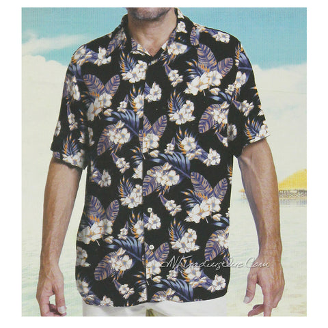Margaritaville Men Rayon Short Sleeve BBQ Beach Button Front Tropical Shirt White Flower (Black)