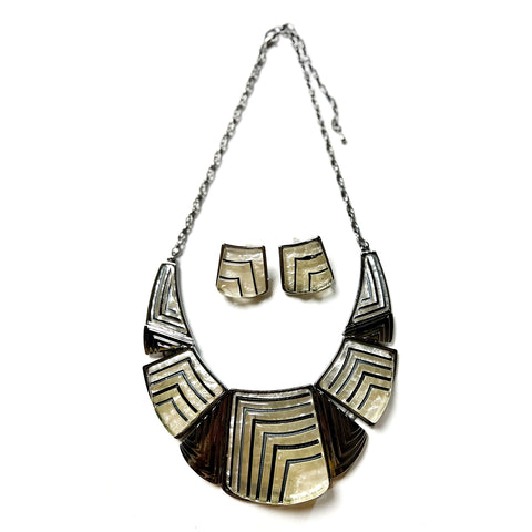 Women Bib Style Necklace & Earrings Chunky Square Lines Resin Jewelry Set#5