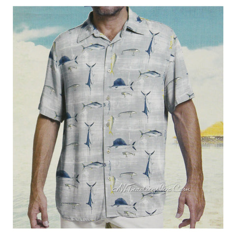 Margaritaville Men Rayon Short Sleeve BBQ Beach Button Front Tropical Shirt Fish (Gray)