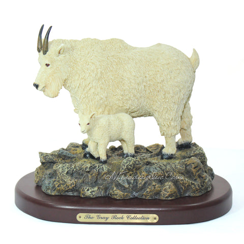 Amy and Addy The Gray Rock Collection Series Wildlife Animal Resin Decorative Statue - MOUNTAIN GOAT WITH BABY ON ROCKY LEDGES Sculpture with Base