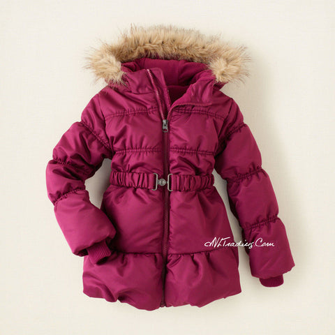 Children Place Stylist Burgandy Belted Puffer Winter Jacket Warm Puff Coat