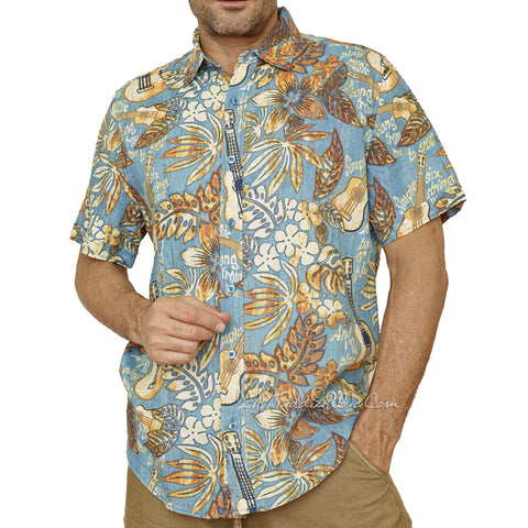 Margaritaville Men Rayon Short Sleeve BBQ Beach Button Front Tropical Shirt Tropical Guitar (Blue)