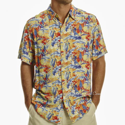 Margaritaville Men Rayon Short Sleeve BBQ Beach Button Front Tropical Shirt Parrotdise (Blue Yellow)