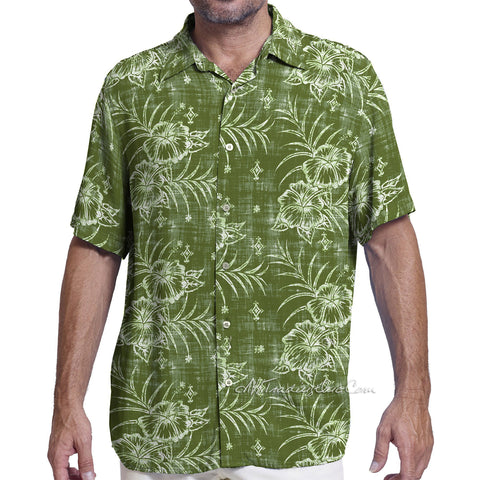 Margaritaville Men Rayon Short Sleeve BBQ Beach Button Front Tropical Shirt Batik Hibiscus (Green)