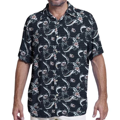 Margaritaville Men Rayon Short Sleeve BBQ Beach Button Front Tropical Shirt Floral Marlin (Black)