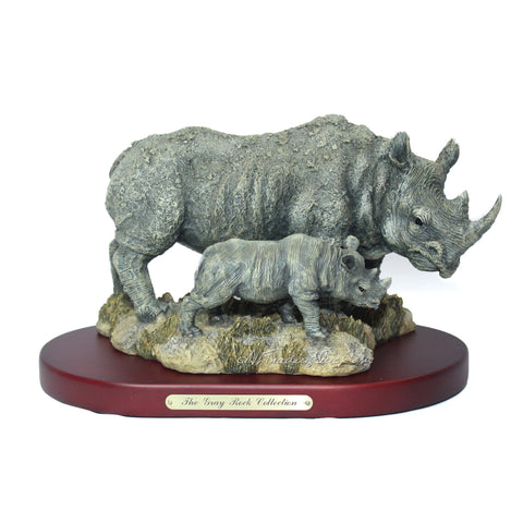 Amy and Addy The Gray Rock Collection Series Wildlife Animal Resin Decorative Statue - AFRICAN WHITE RHINOCEROS with BABY RHINO Sculpture with Base